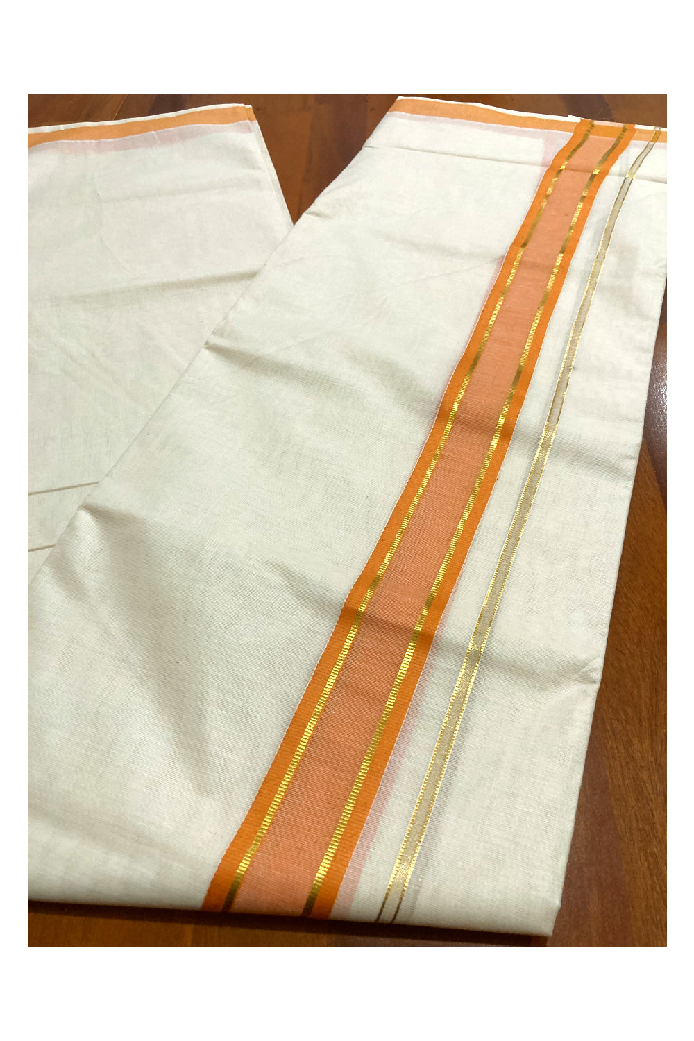 Off White Pure Cotton Double Mundu with Kasavu and Orange Border (South Indian Dhoti)