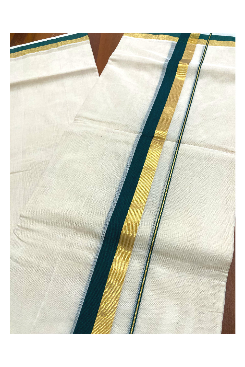 Southloom Premium Handloom Pure Cotton Mundu with Kasavu and Green Border (South Indian Dhoti)