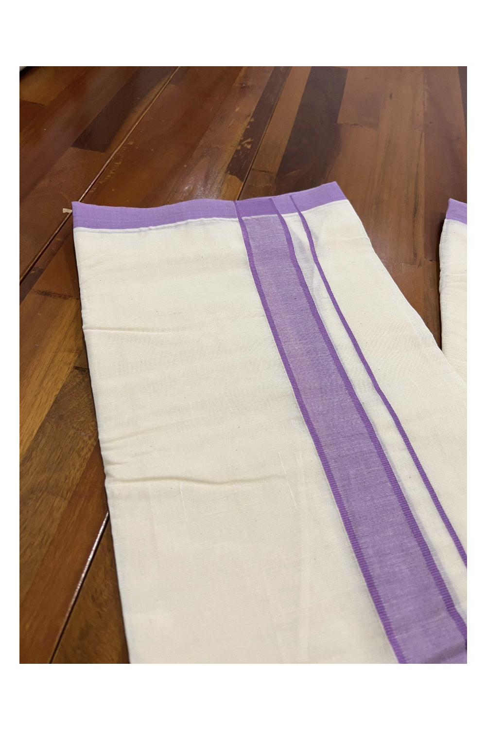 Off White Pure Cotton Double Mundu with Violet Kara (South Indian Dhoti)