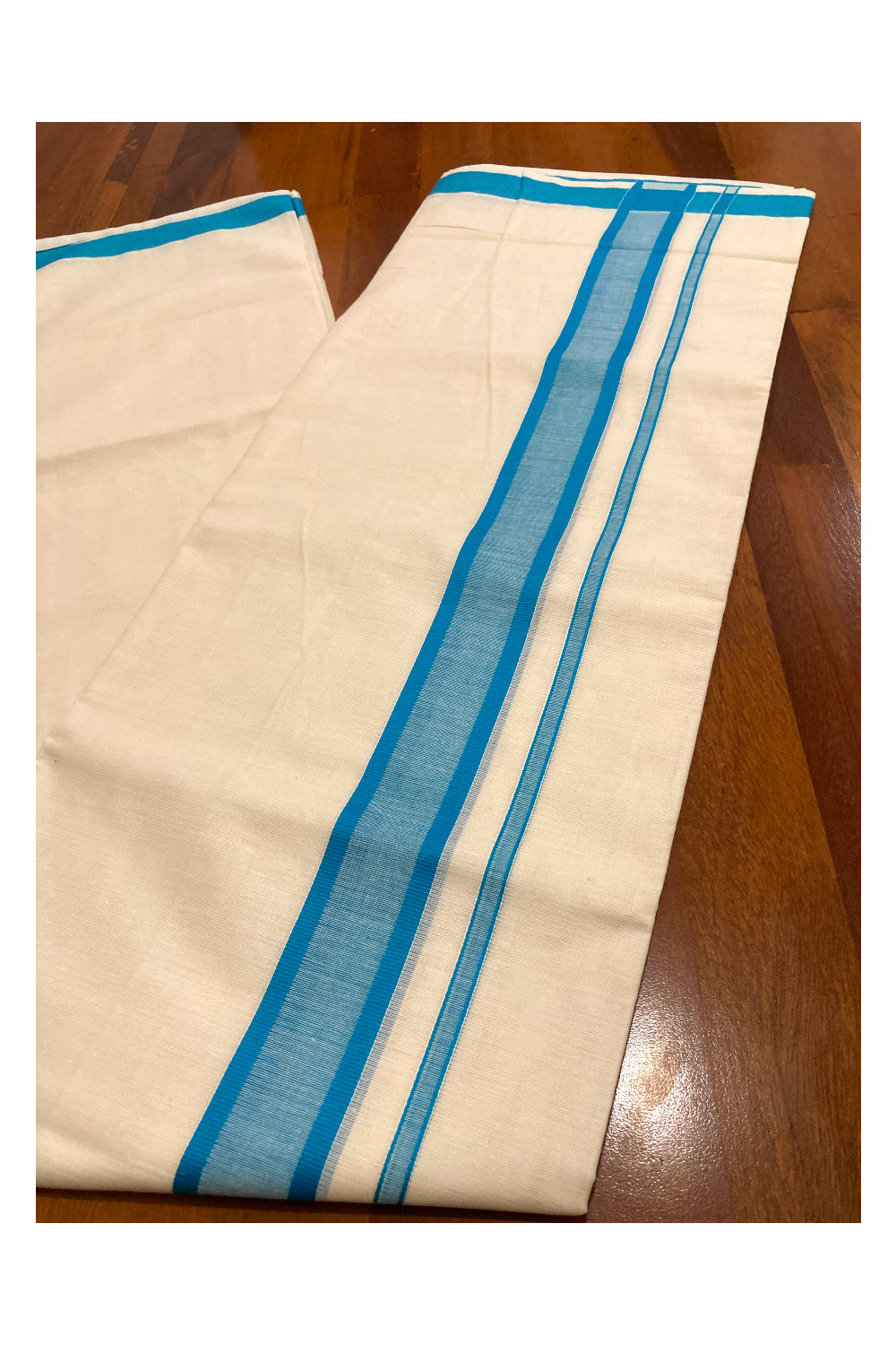 Off White Pure Cotton Double Mundu with Blue Border (South Indian Kerala Dhoti)