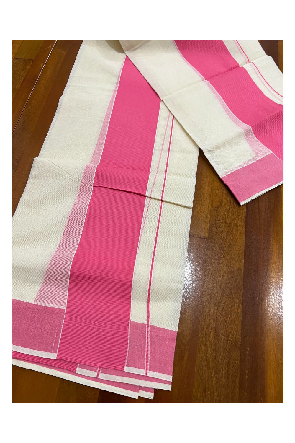 Kerala Cotton Mundum Neriyathum Single (Set Mundu) with Pink Border