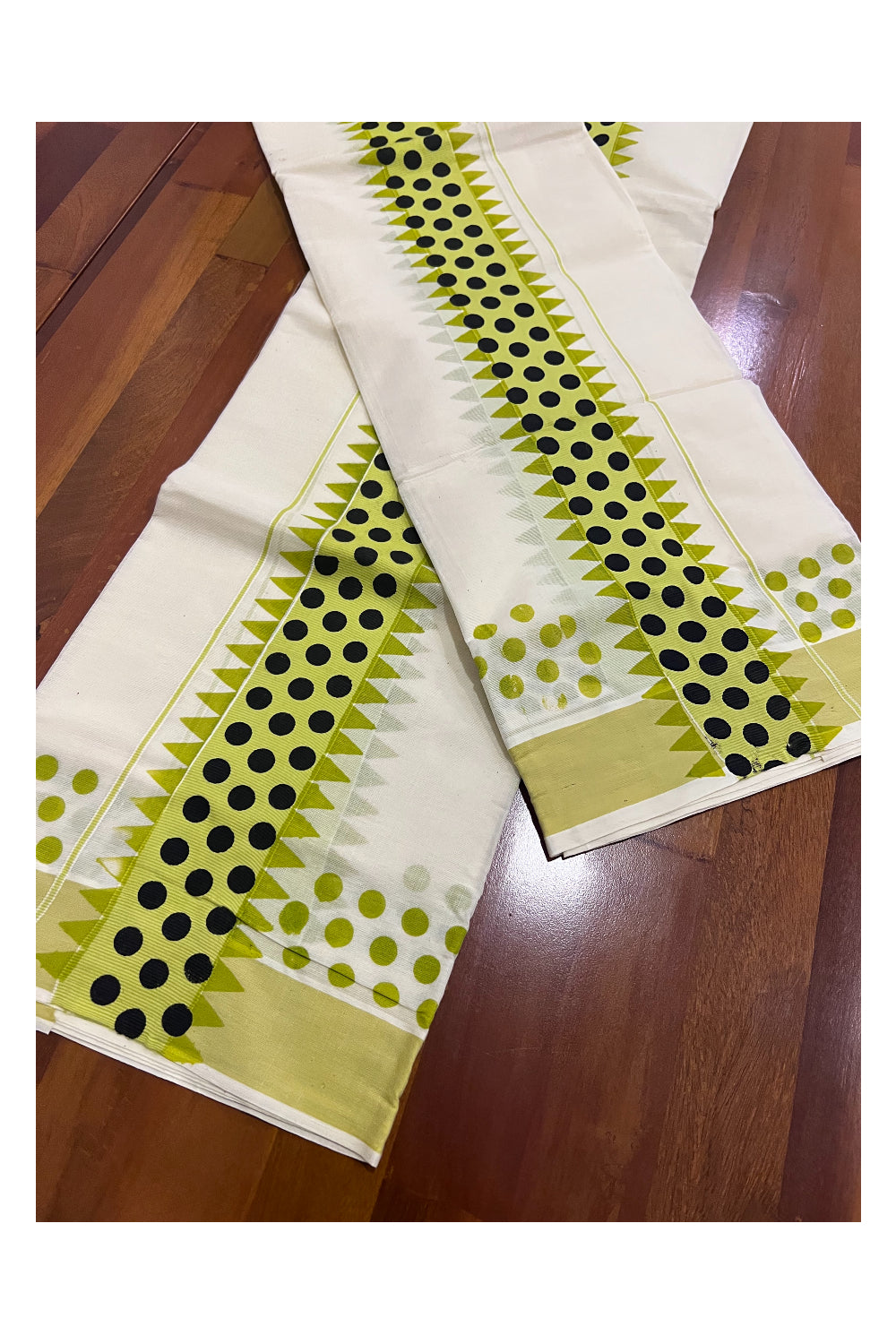 Kerala Cotton Set Mundu (Mundum Neriyathum) with Black Polka Block Prints in Bright Green Temple Border