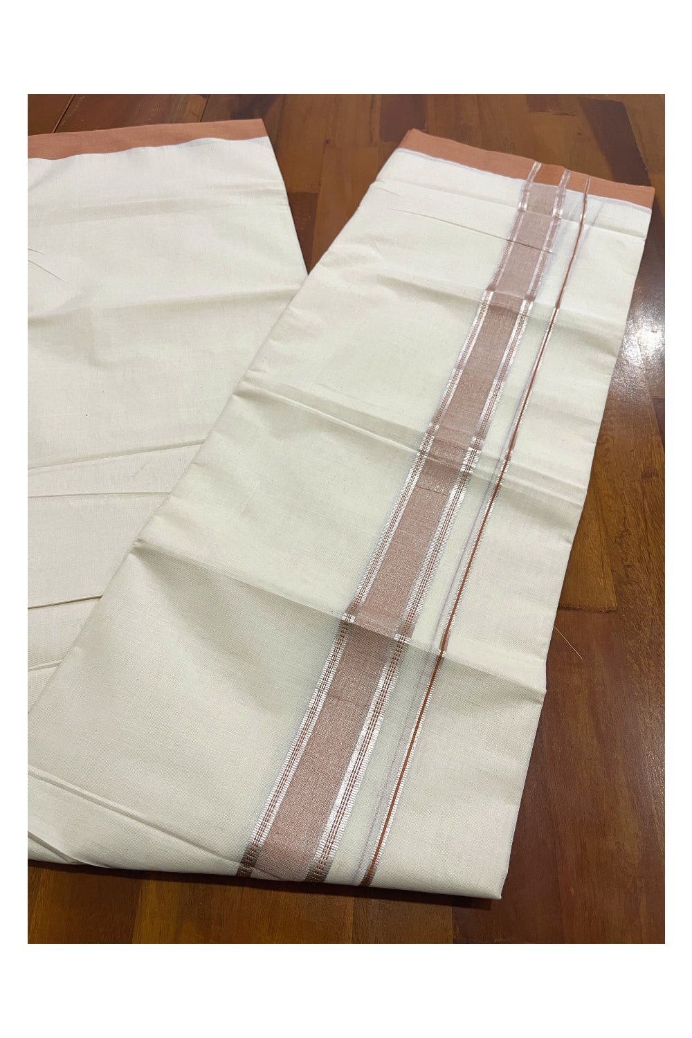 Pure Cotton Off White Double Mundu with Saffron and Silver Kara (South Indian Dhoti)