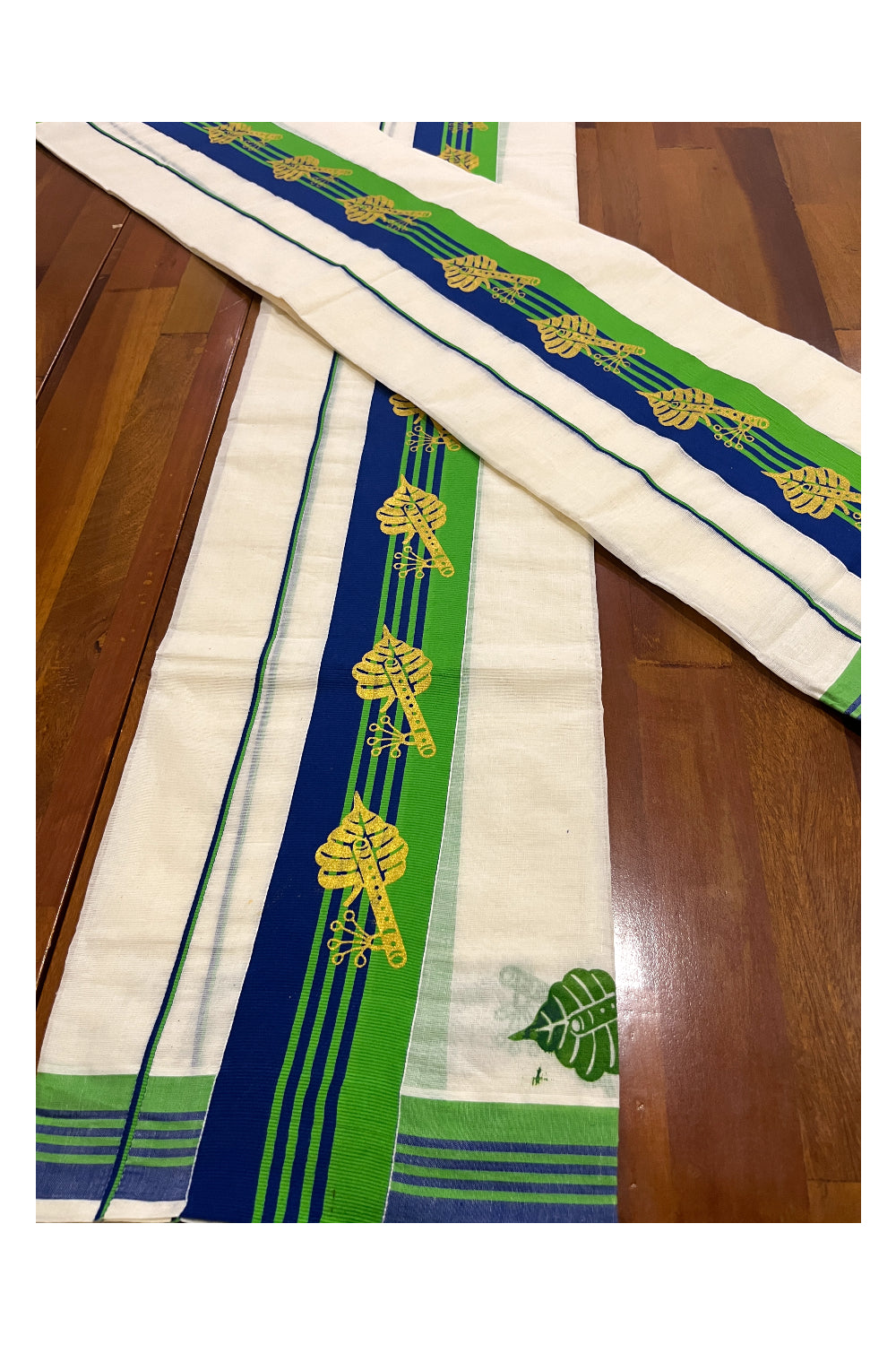 Pure Cotton Single Set Mundu (Mundum Neriyathum Onam 2024 Collection) with Golden Block Prints on Green Blue Border