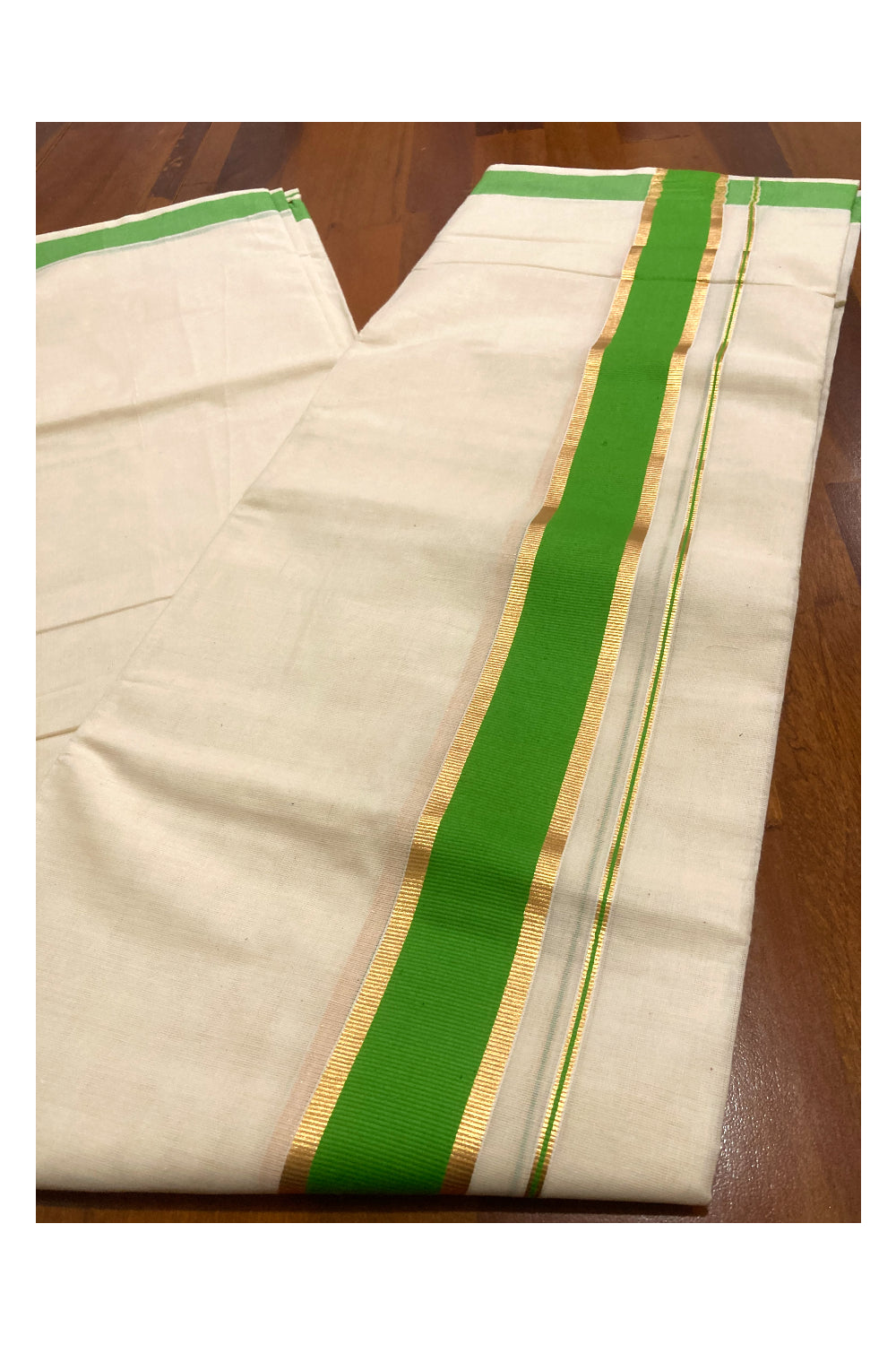 Off White Pure Cotton Double Mundu with Kasavu and Green Border (South Indian Dhoti)