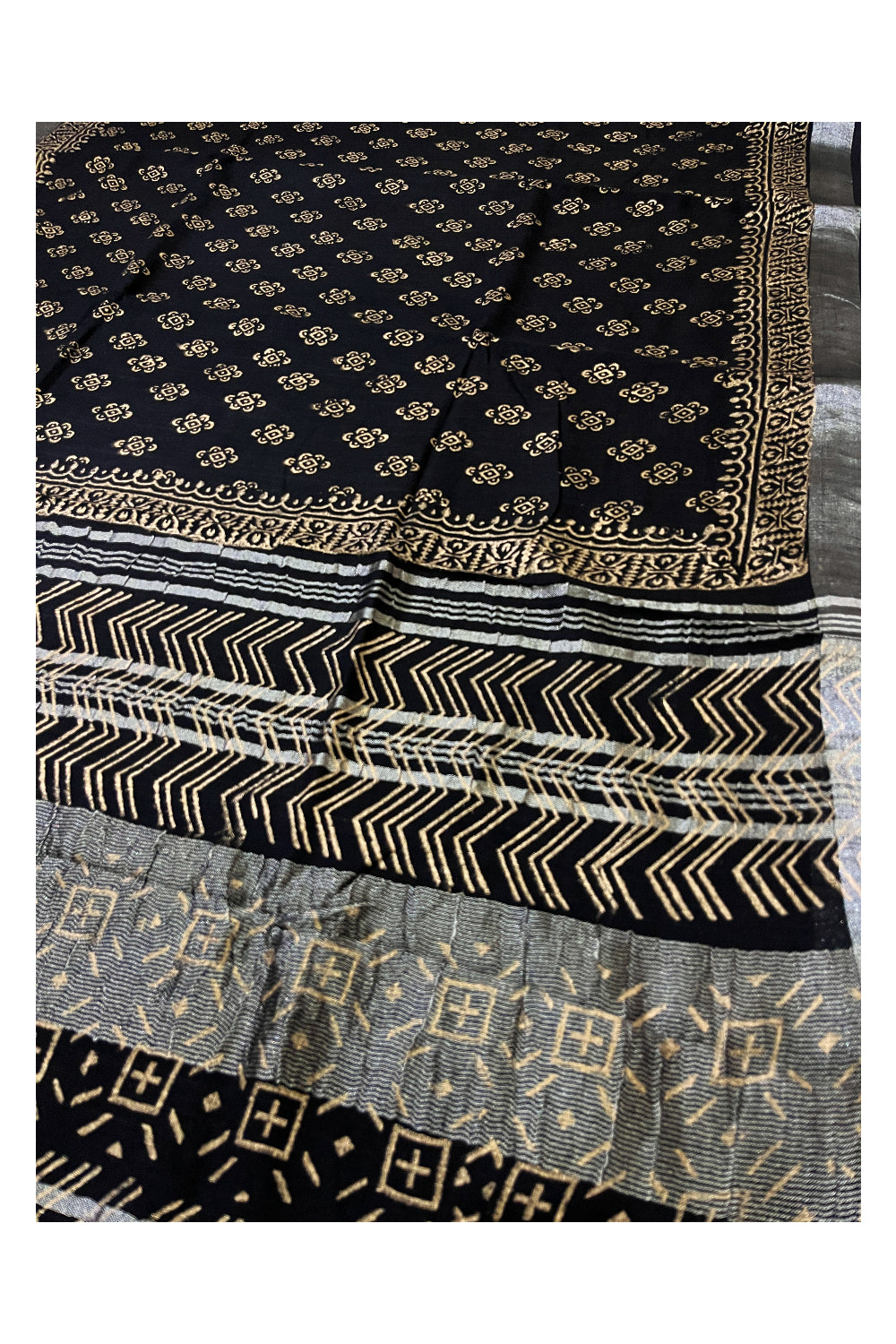 Southloom Linen Designer Black Saree with Yellow Fabric Prints on Body and Tassels Works