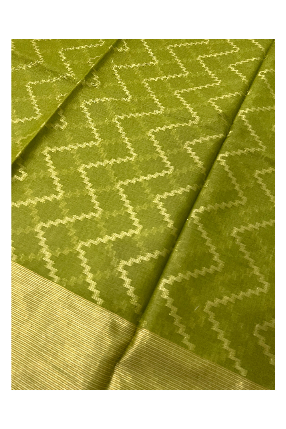 Southloom Light Green Semi Tussar Designer Saree With Kasavu Zig Zag Works on Body