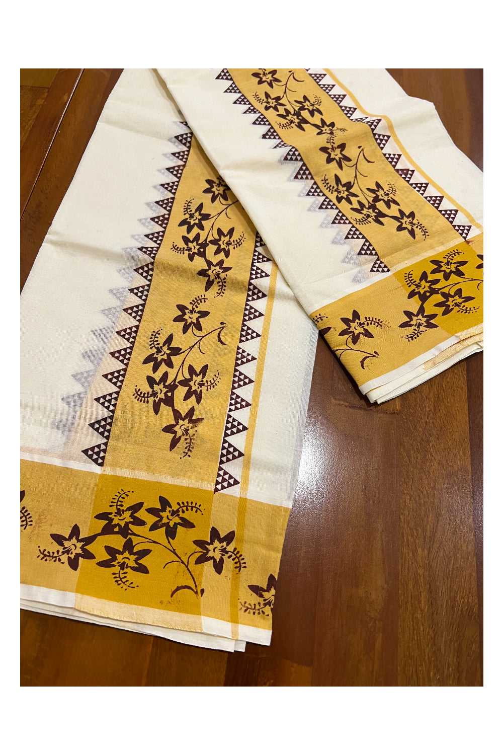 Kerala Cotton Set Mundu (Mundum Neriyathum) with Brown Floral Temple Block Prints on Yellow Border