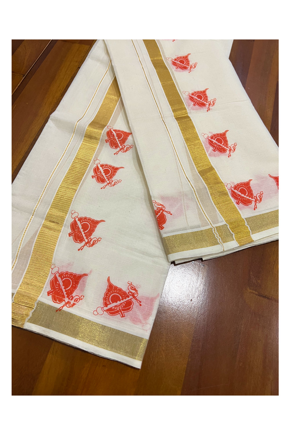 Kerala Cotton Kasavu Set Mundu (Mundum Neriyathum) with Orange Block Prints