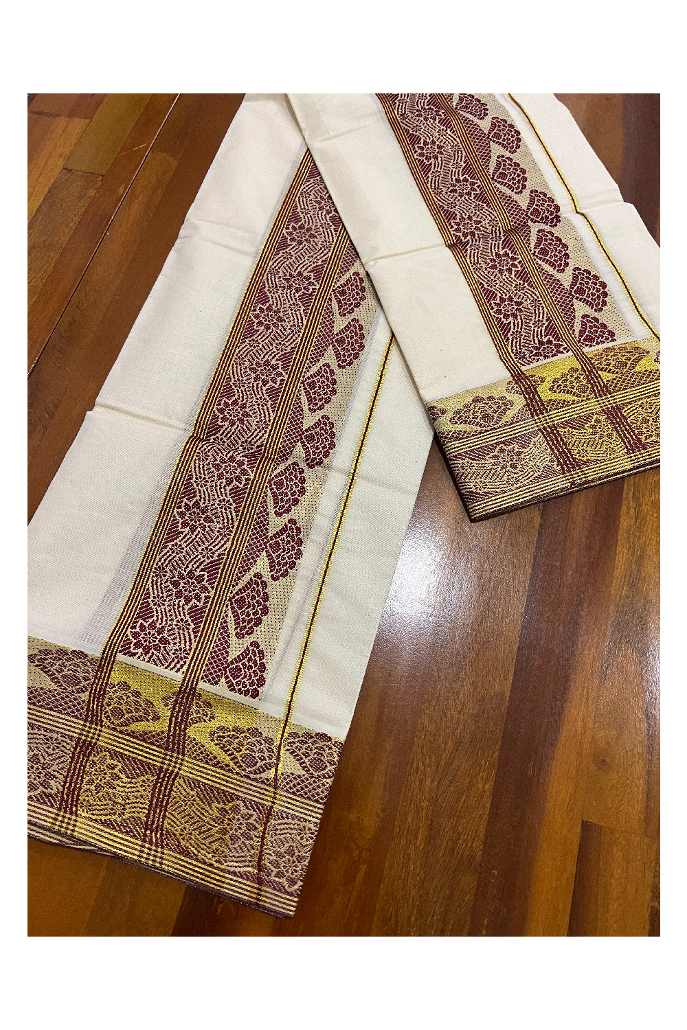 Pure Cotton Set Mundu (Mundum Neriyathum) with Maroon and Kasavu Woven Design on Border 2.80 Mtrs