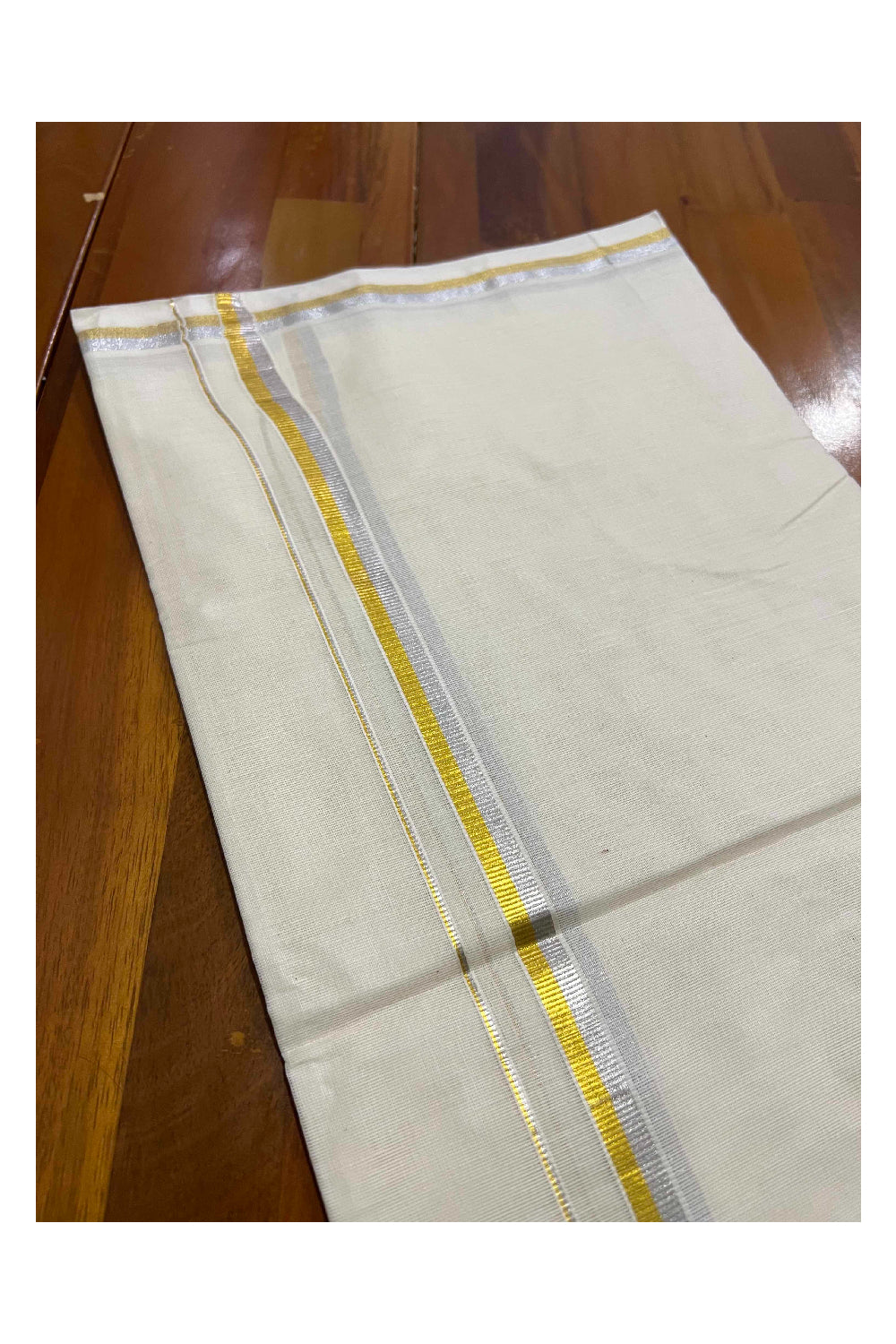 Off White Kerala Double Mundu with Silver and Golden Kasavu Border 0.5 inches (South Indian Dhoti)