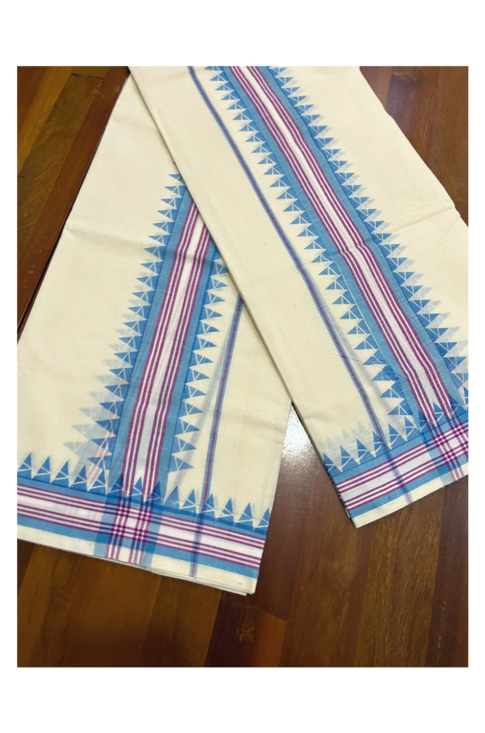 Kerala Cotton Mulloth Mundum Neriyathum Single (Set Mundu) with Light Blue Temple Block Prints on Border (Extra Soft Cotton)