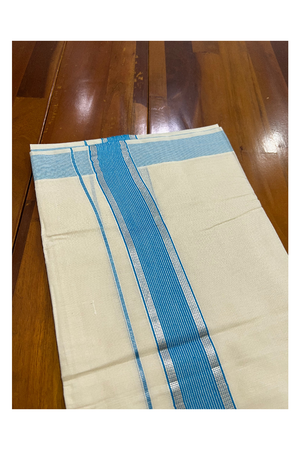 Off White Kerala Double Mundu with Silver Kasavu and Light Blue Border (South Indian Dhoti)