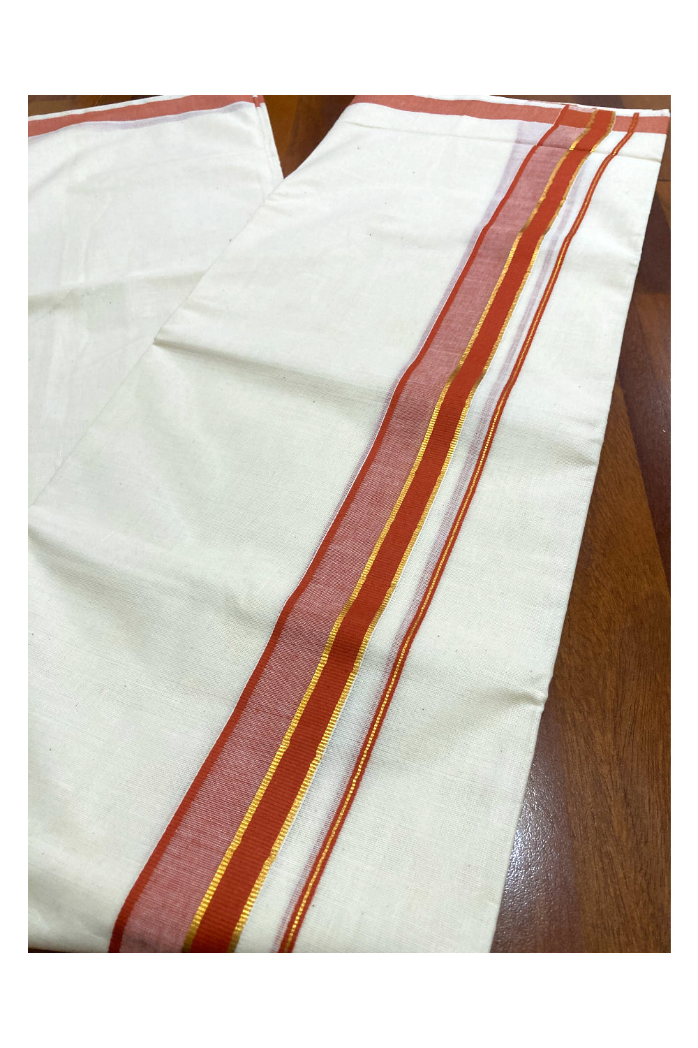 Pure Cotton Off White Double Mundu with Orange and Kasavu Border (South Indian Kerala Dhoti)