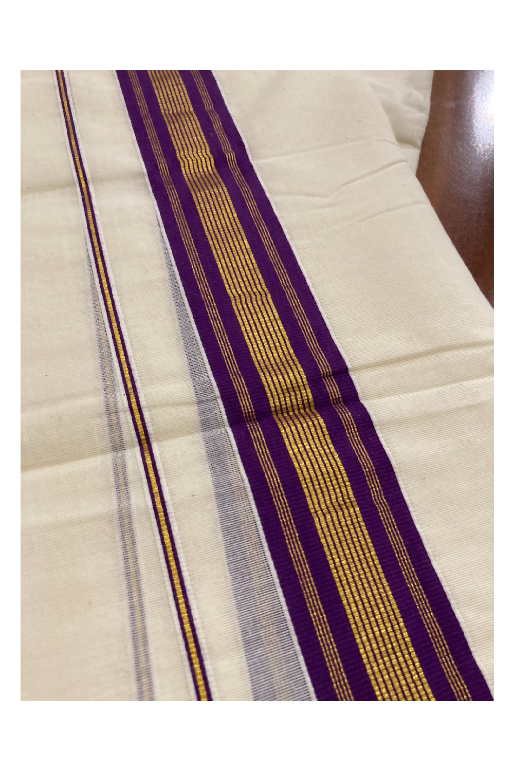 Kerala Cotton Mundum Neriyathum Double (Set Mundu) with Purple and Kasavu Border