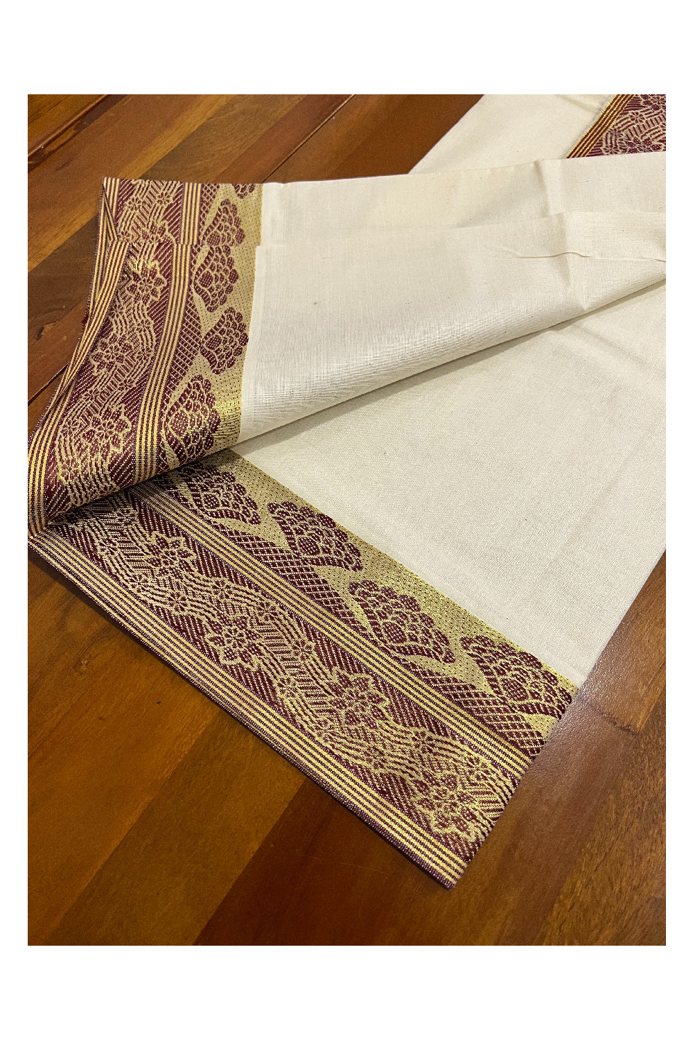 Pure Cotton Set Mundu (Mundum Neriyathum) with Maroon and Kasavu Woven Design on Border 2.80 Mtrs