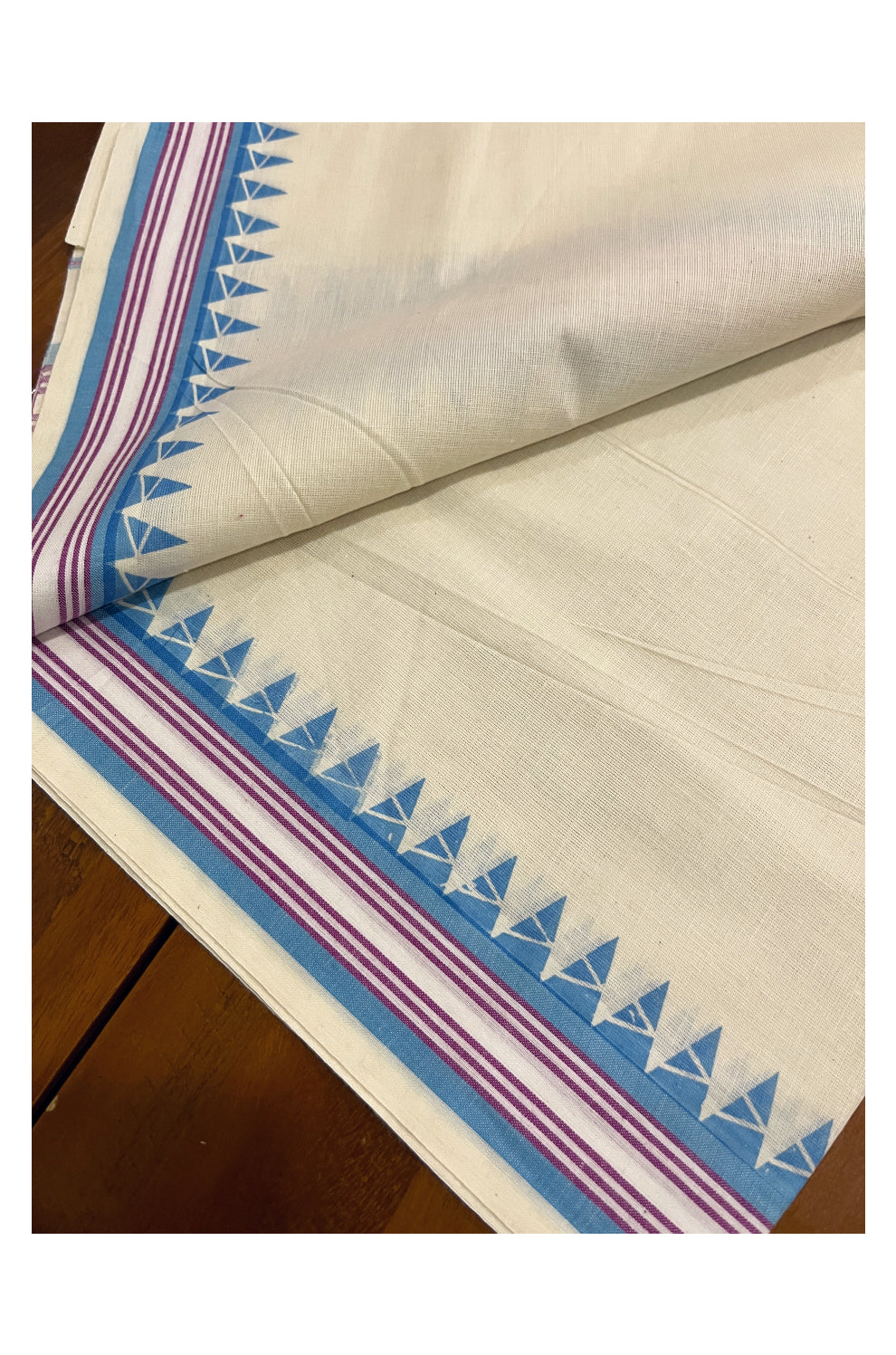 Kerala Cotton Mulloth Mundum Neriyathum Single (Set Mundu) with Light Blue Temple Block Prints on Border (Extra Soft Cotton)