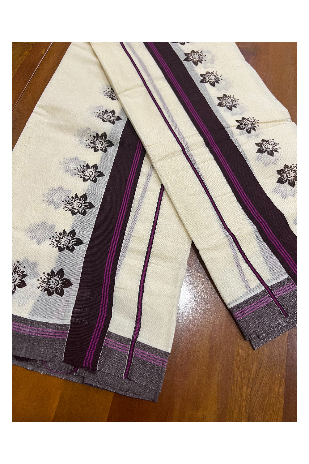 Pure Cotton Set Mundu (Mundum Neriyathum) with Dark Purple Floral Block Prints and Magenta Lines on Border