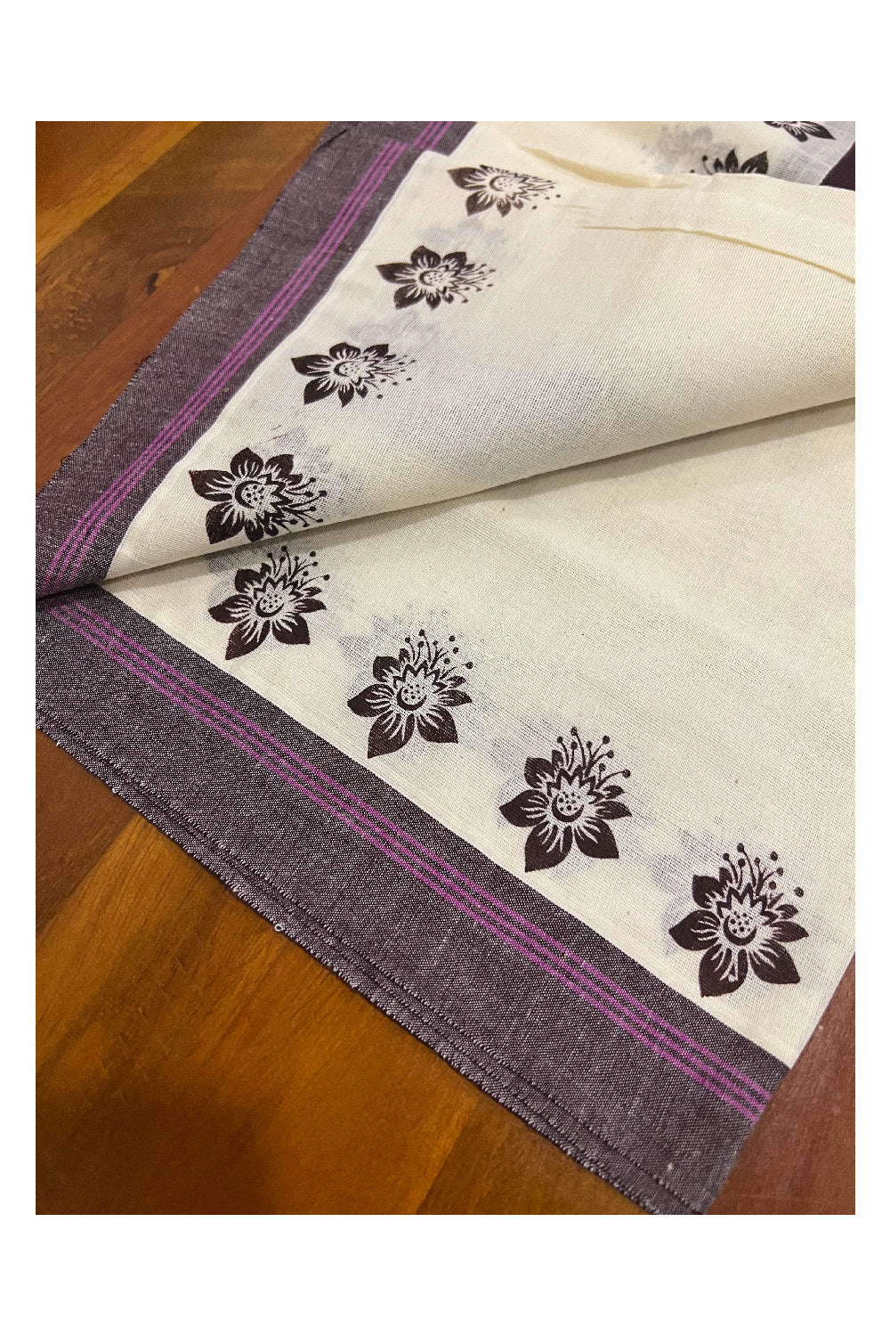 Pure Cotton Set Mundu (Mundum Neriyathum) with Dark Purple Floral Block Prints and Magenta Lines on Border