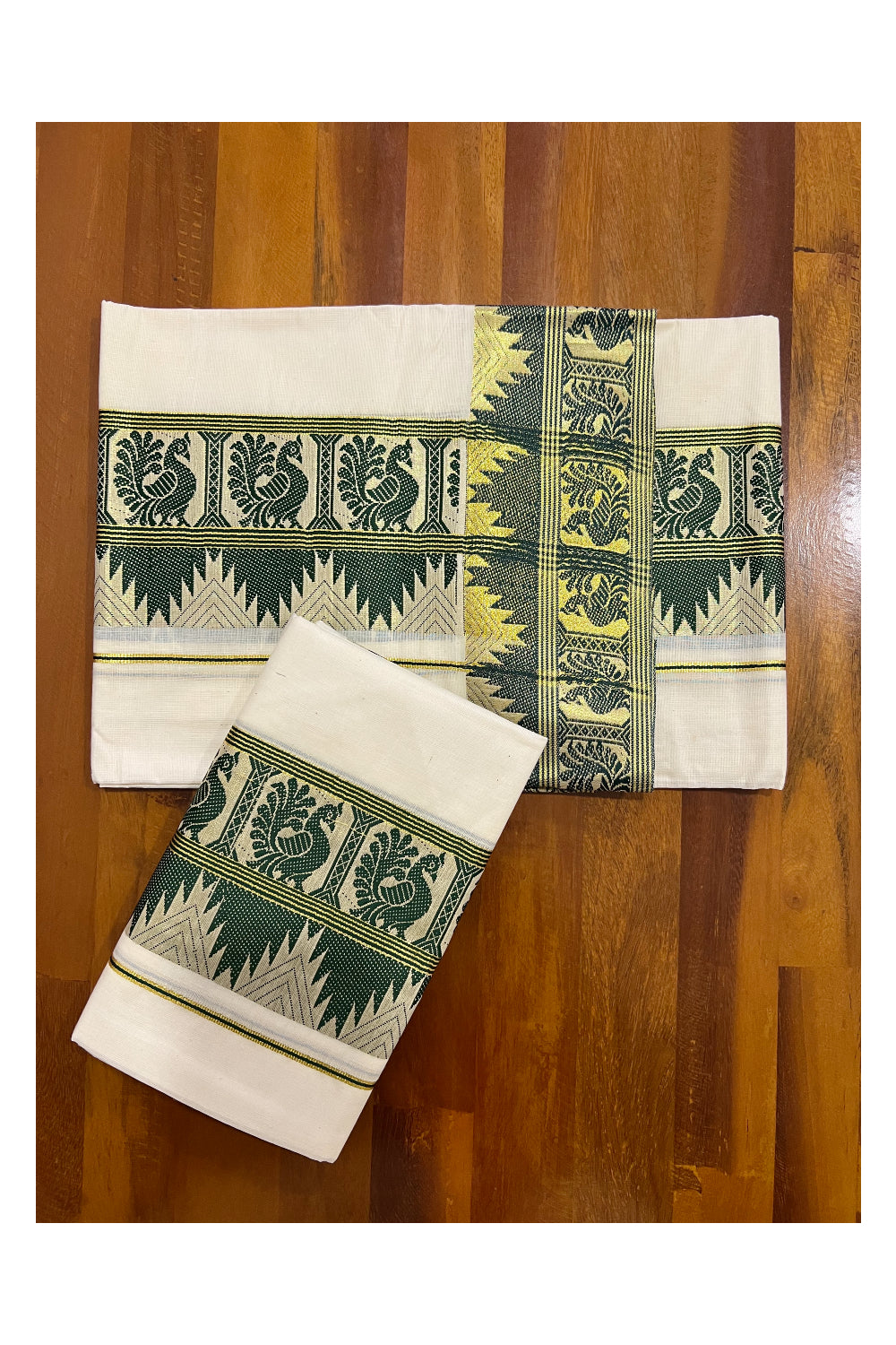 Pure Cotton Set Mundu (Mundum Neriyathum) with Green and Kasavu Woven Design on Border 2.80 Mtrs