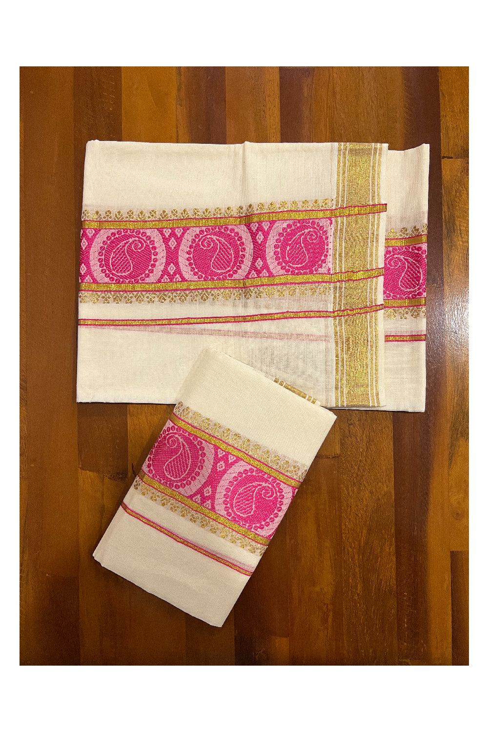 Southloom Onam 2022 Kasavu Set Mundu with Woven Design Pink Kara