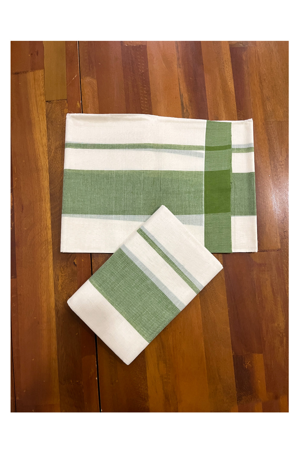 Pure Cotton Single Set Mundu (Mundum Neriyathum) with Green Border