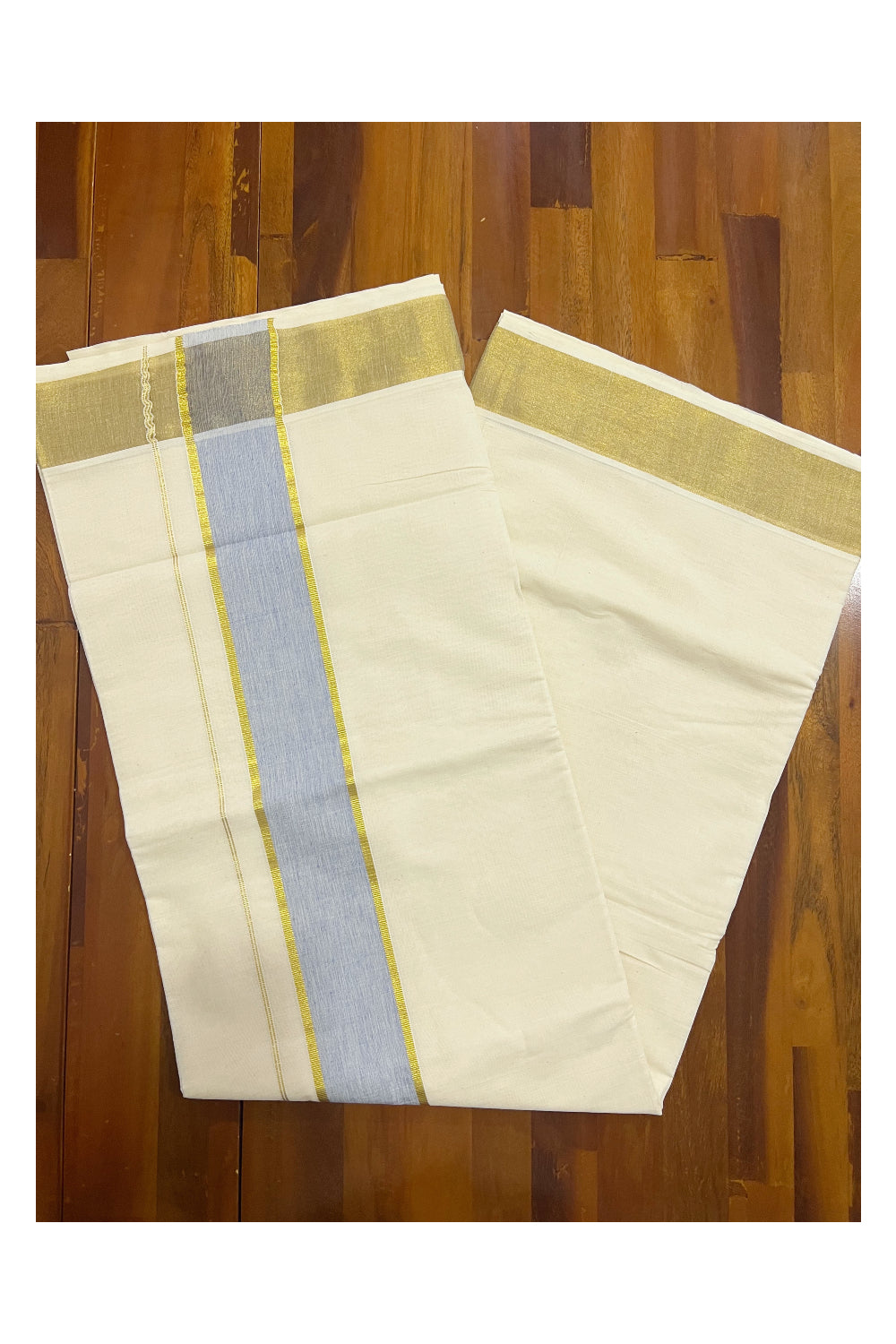 Pure Cotton Kerala Plain Saree with Kasavu Border and Blue Kasavu Pallu