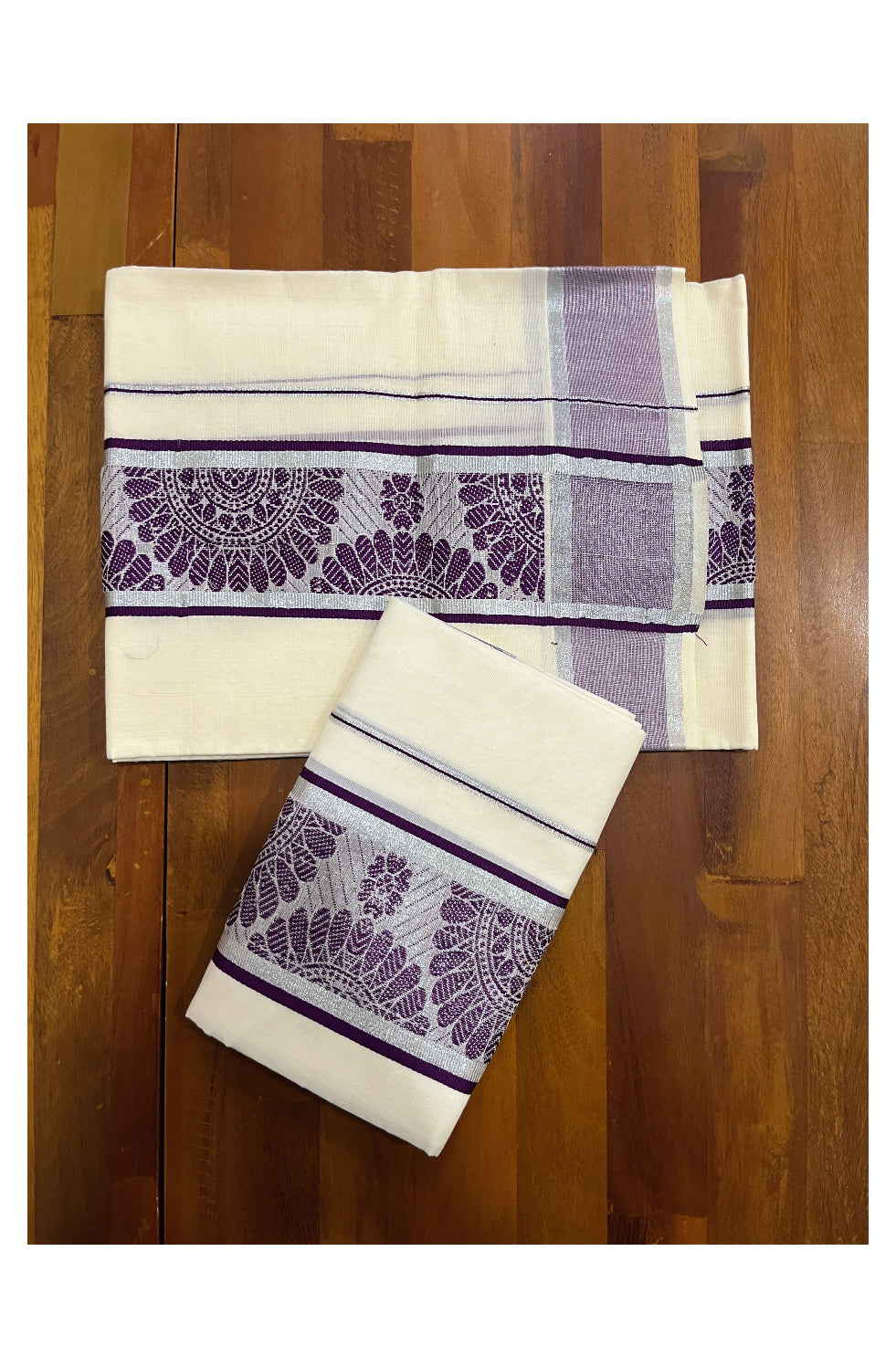 Pure Cotton Kerala Set Mundu (Mundum Neriyathum Onam 2023) with Violet and Silver Kasavu Woven Border