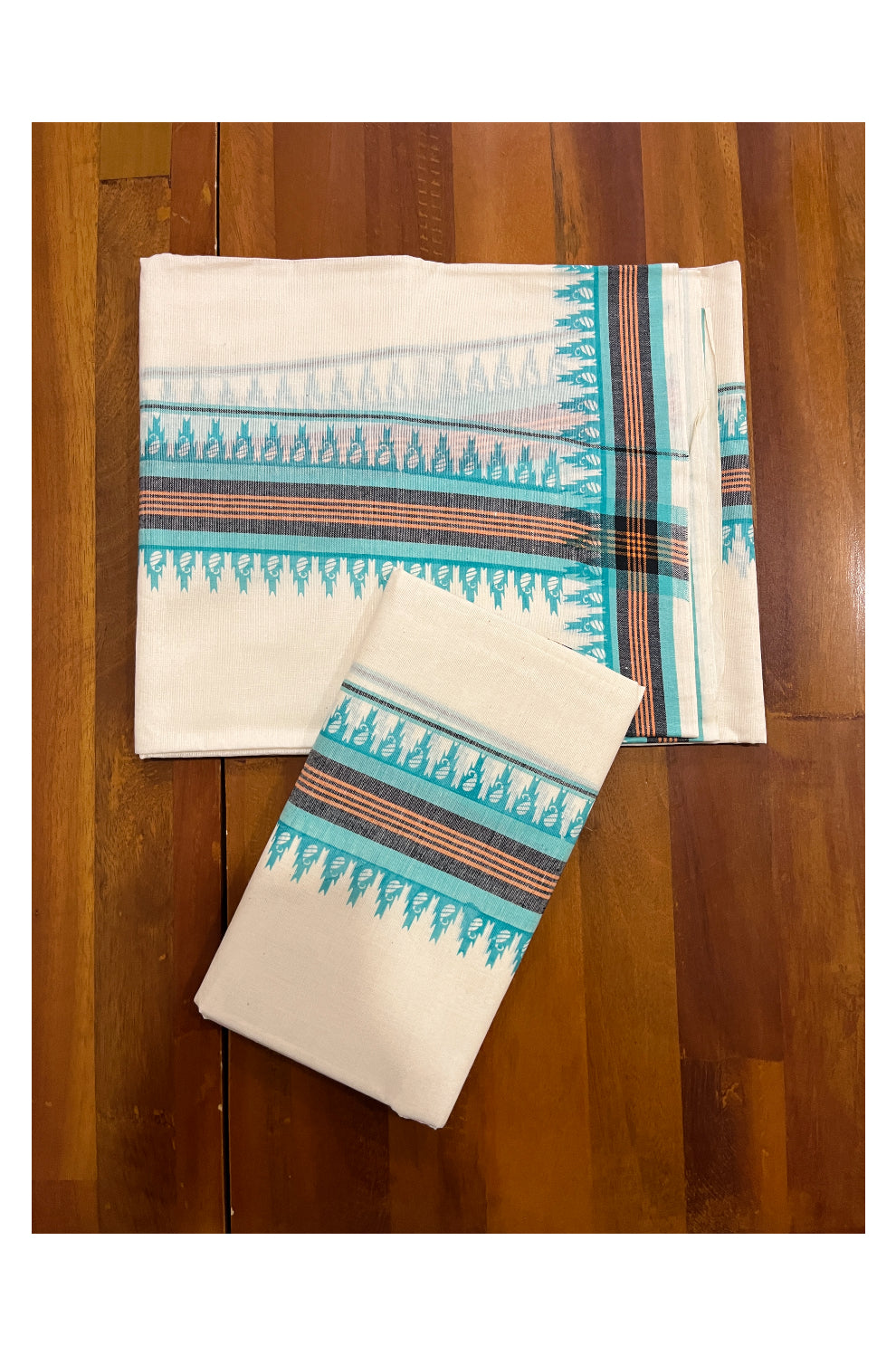 Kerala Cotton Mulloth Mundum Neriyathum Single (Set Mundu) with Turquoise Temple Block Prints on Border (Extra Soft Cotton)
