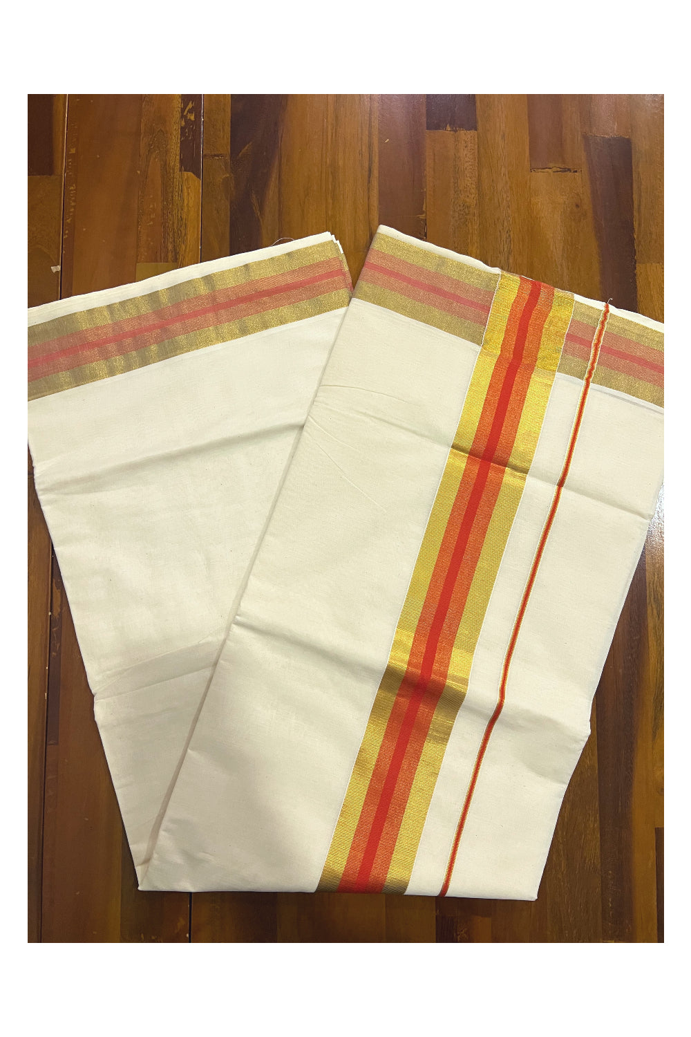 Pure Cotton Kerala Saree with Kasavu and Orange Border