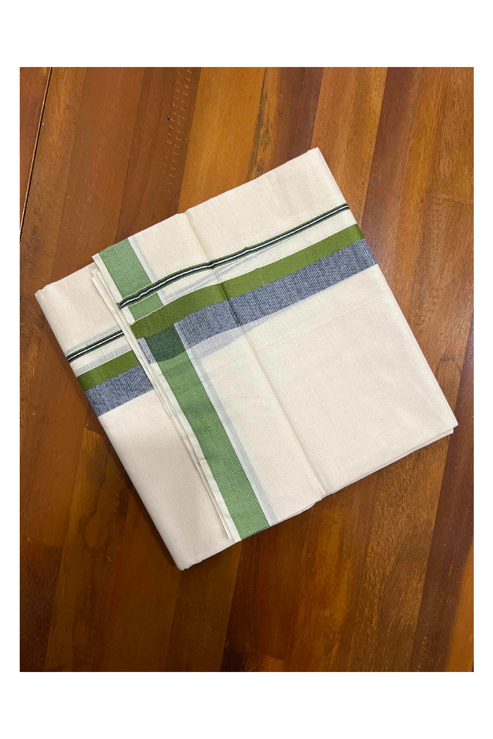 Off White Pure Cotton Double Mundu with Green and Black Shaded Border (South Indian Dhoti)