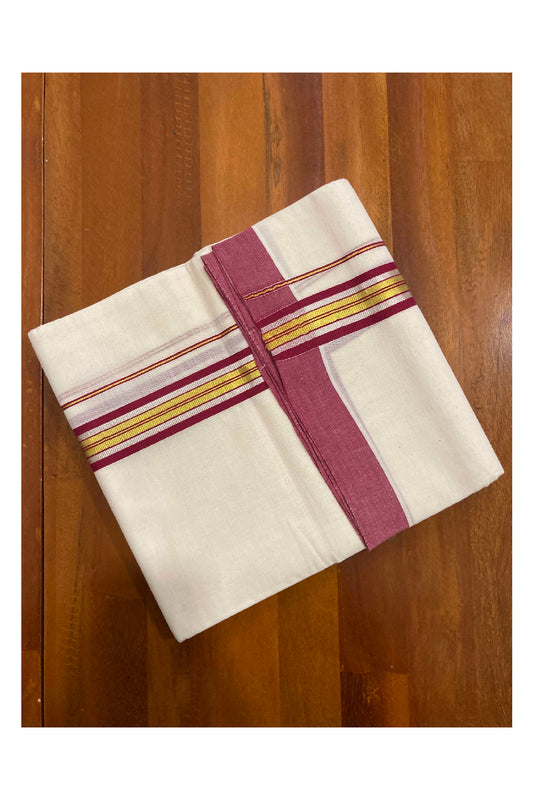 Off White Cotton Mundu with Maroon Silver and Golden Kasavu Border (South Indian Dhoti)