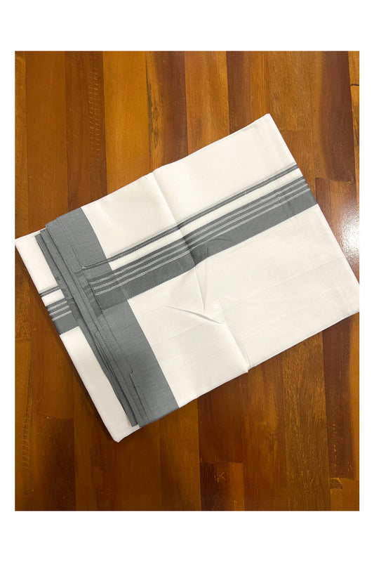 Pure White Cotton Double Mundu with Grey Border (South Indian Dhoti)