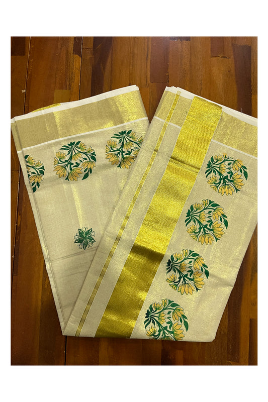 Kerala Tissue Kasavu Green Golden Block Printed Design Saree