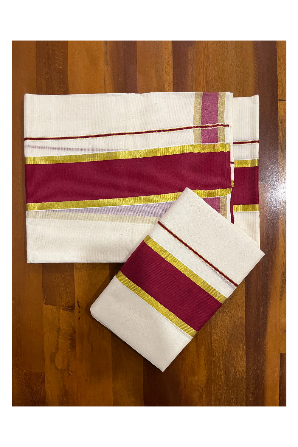 Pure Cotton Kerala Single Set Mundu (Mundum Neriyathum) with Red and Kasavu Border 2.80 Mtrs