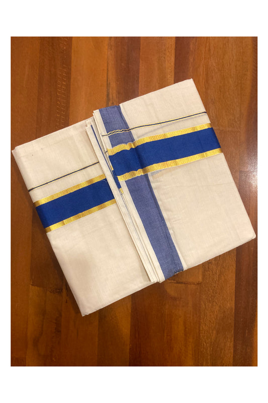 Off White Pure Cotton Double Mundu with Kasavu and Blue Border (South Indian Dhoti)