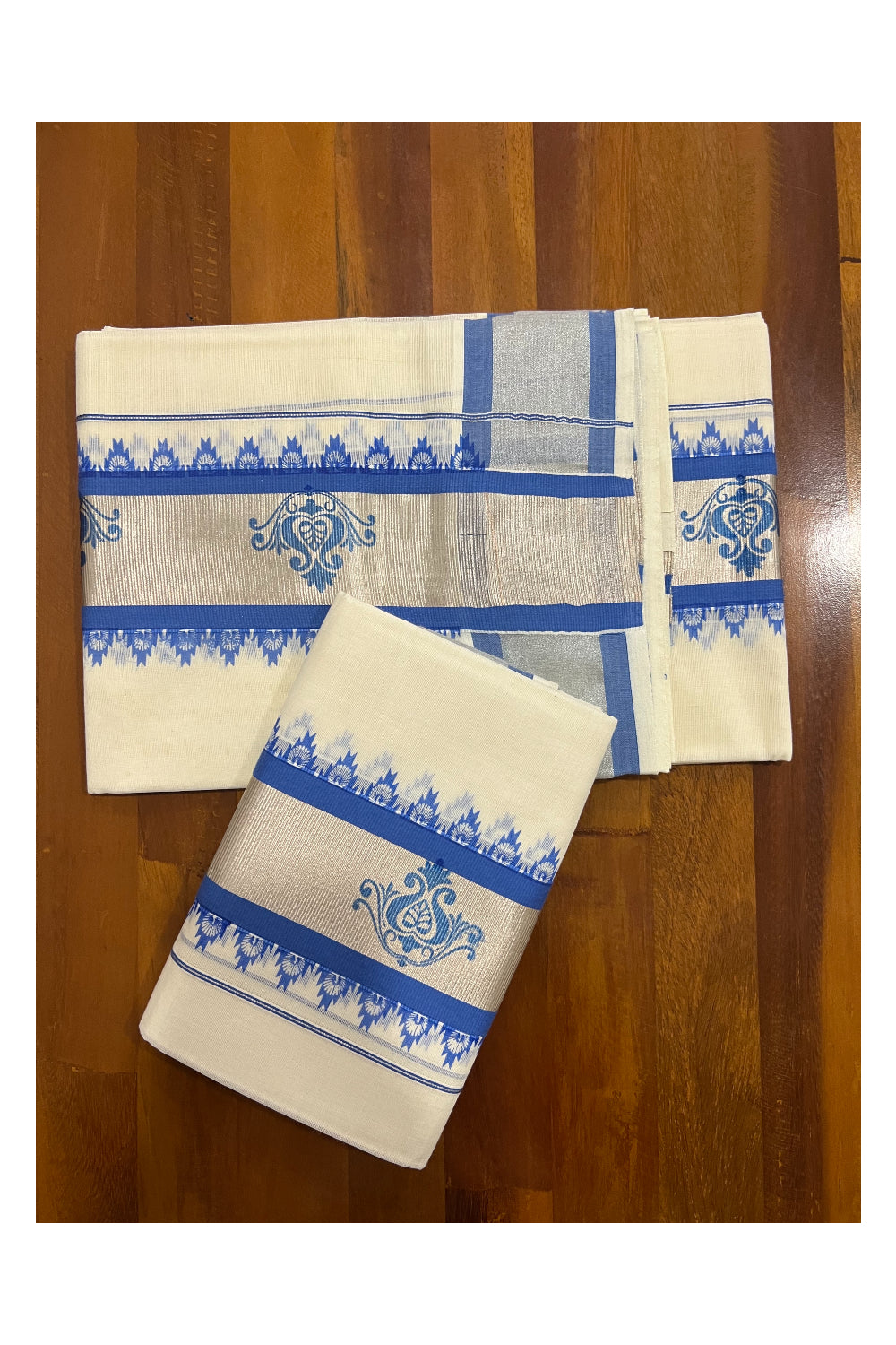 Kerala Cotton Set Mundu (Mundum Neriyathum) with Silver Kasavu and Blue Block Prints on Border 2.80 Mtrs