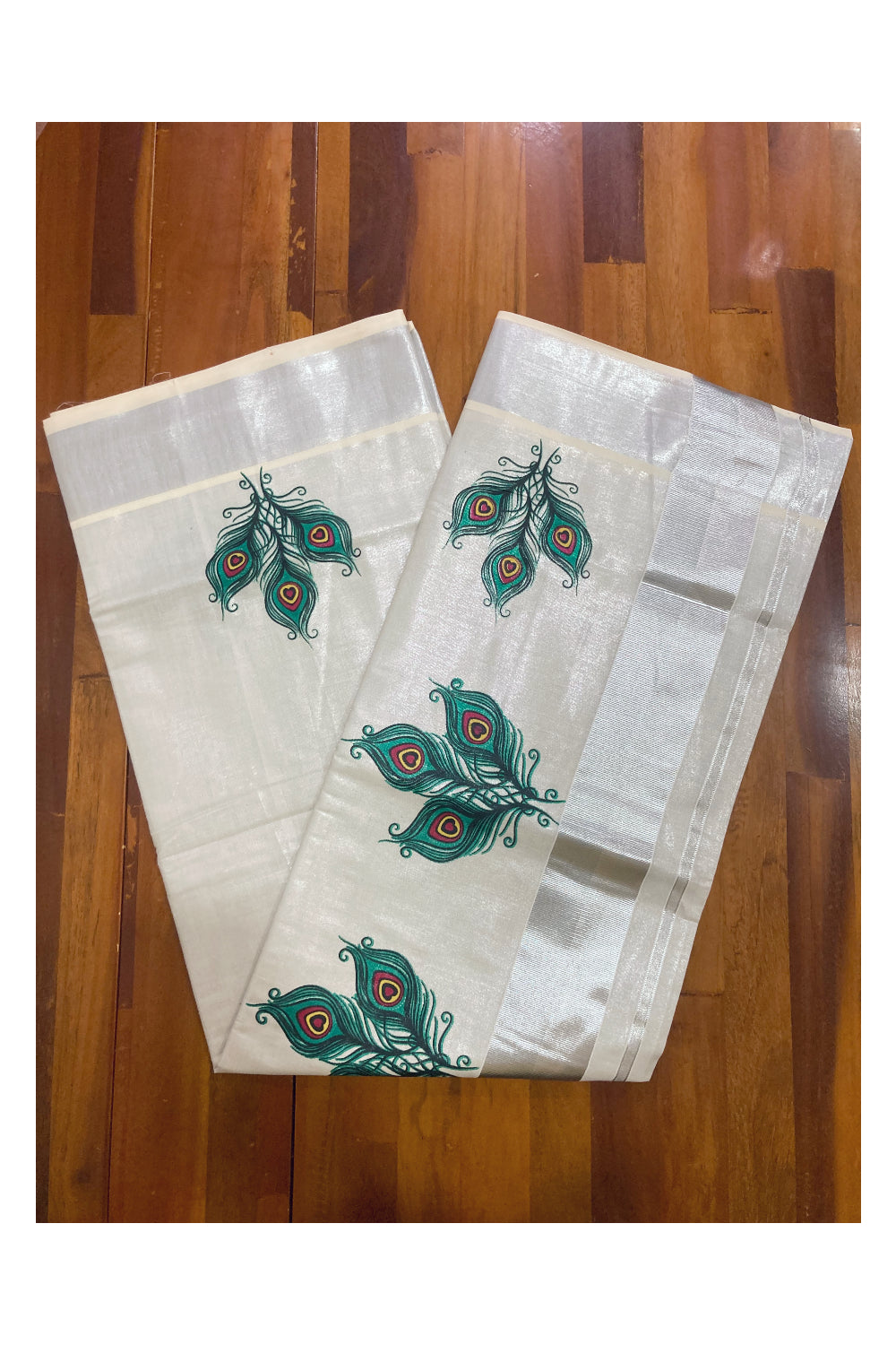 Kerala Silver Tissue Kasavu Saree with Feather Mural Prints