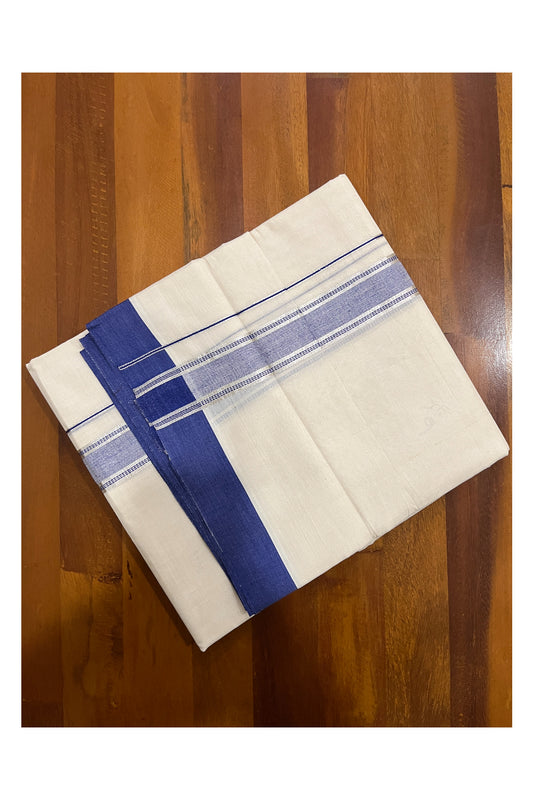 Pure Cotton Off White Double Mundu with Blue and Silver Kara (South Indian Dhoti)