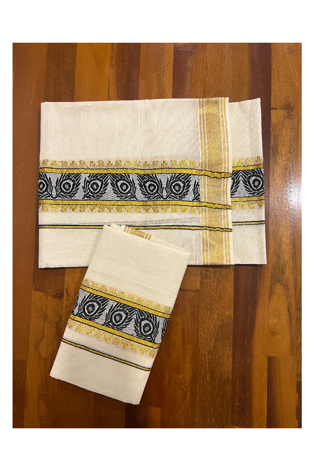 Kerala Cotton Set Mundu (Mundum Neriyathum) with Black Feather Woven and Kasavu Border