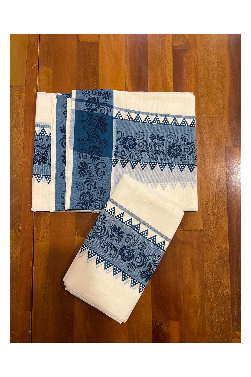 Kerala Cotton Set Mundu (Mundum Neriyathum) with Blue Floral Temple Block Prints on Border