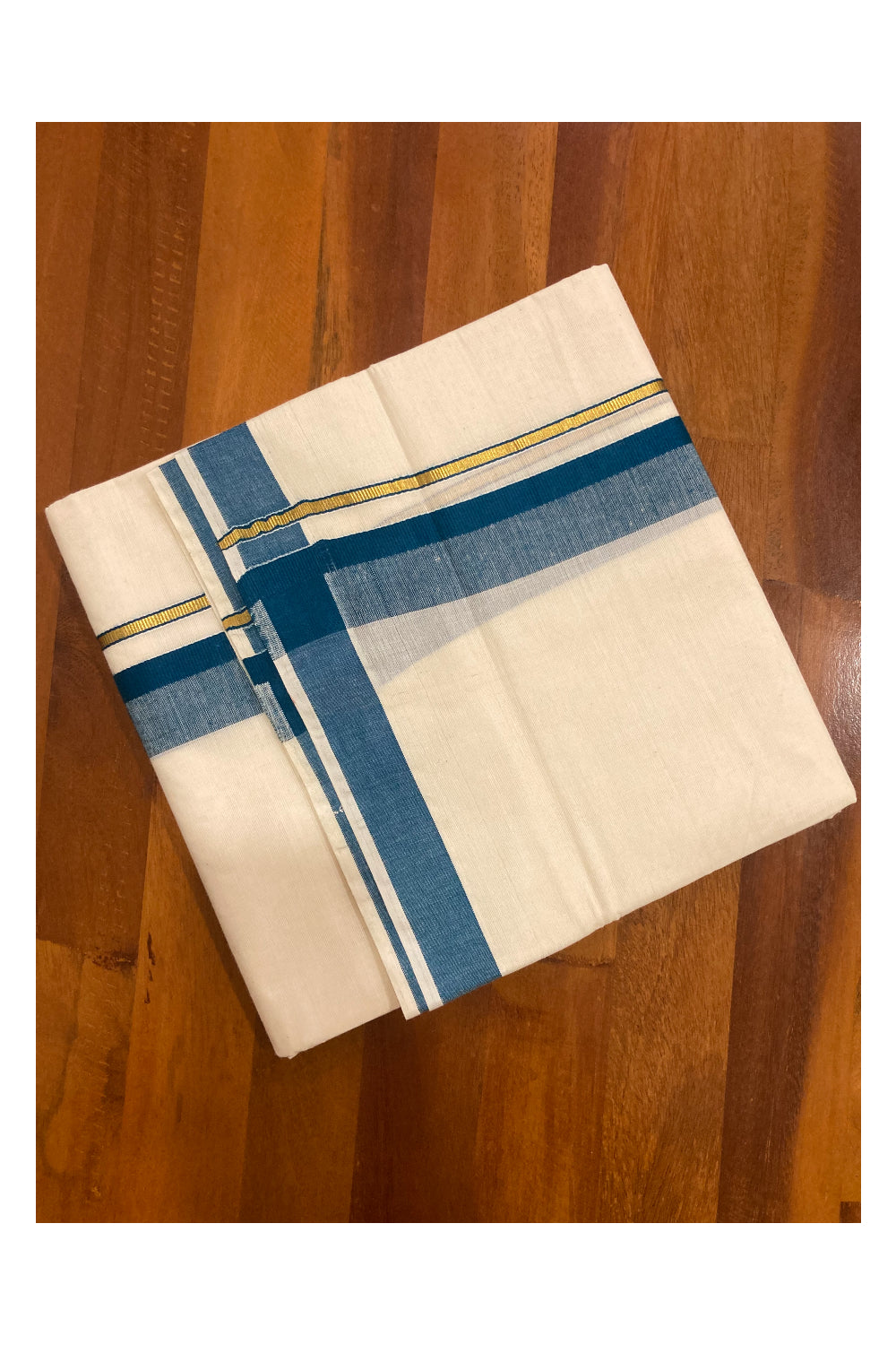 Off White Pure Cotton Double Mundu with Kasavu and Blue Border (South Indian Dhoti)