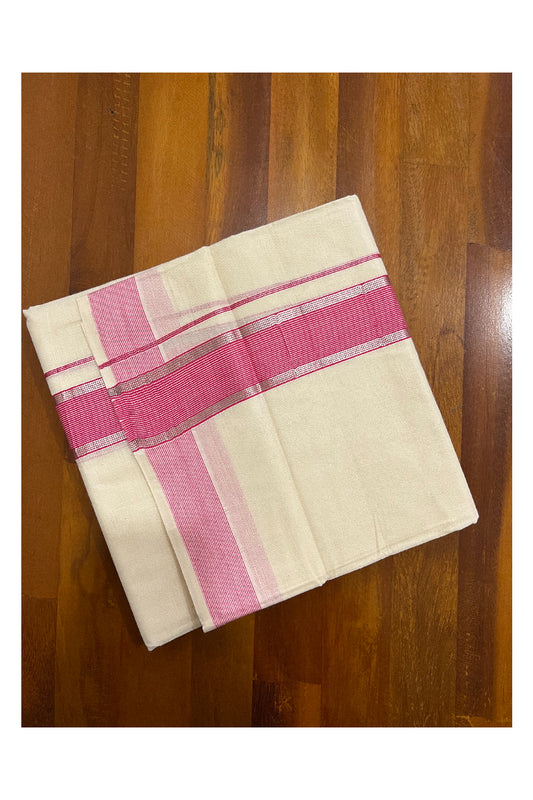 Off White Kerala Double Mundu with Silver Kasavu and Pink Border (South Indian Dhoti)