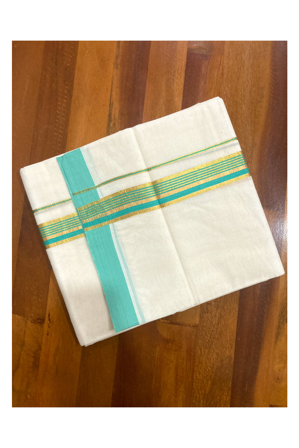 Pure Cotton Off White Double Mundu with Turquoise and Kasavu Border (South Indian Dhoti)