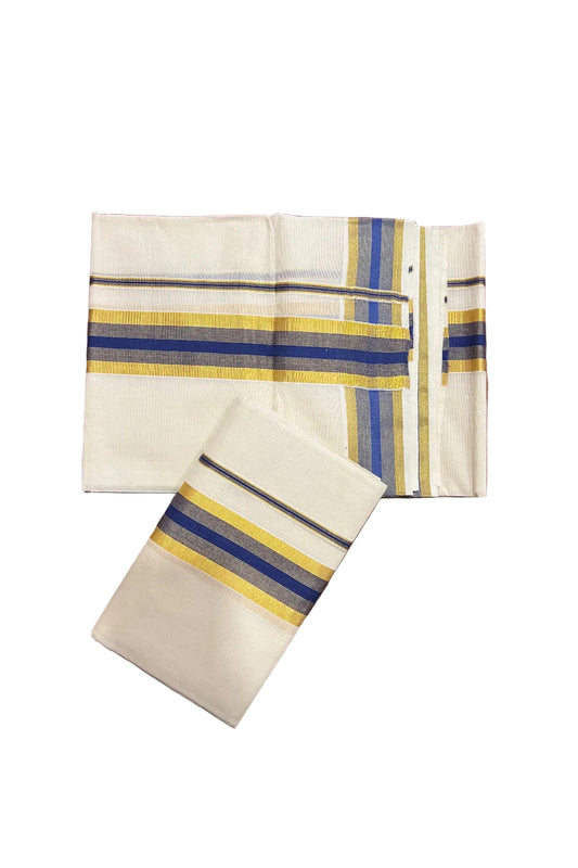 Southloom Kerala Cotton Mundum Neriyathum Single (Set Mundu) with Blue and Kasavu Border 2.80 Mtrs SLKK