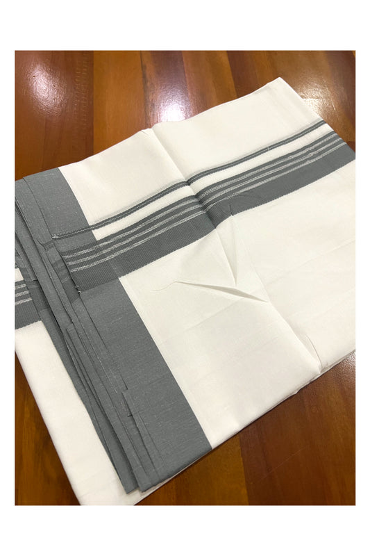 Pure White Cotton Double Mundu with Grey Border (South Indian Dhoti)