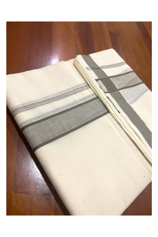 Pure Cotton Off White Double Mundu with Grey Border (South Indian Dhoti)