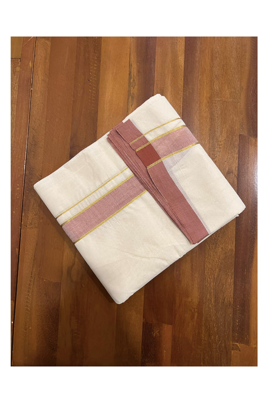 Off White Pure Cotton Double Mundu with Kasavu and Brick Red Kara (South Indian Dhoti)