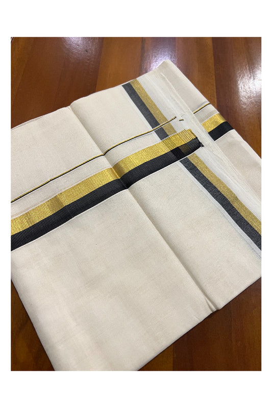 Southloom Balaramapuram Handloom Pure Cotton Mundu with Golden and Black Kasavu Border (South Indian Dhoti)