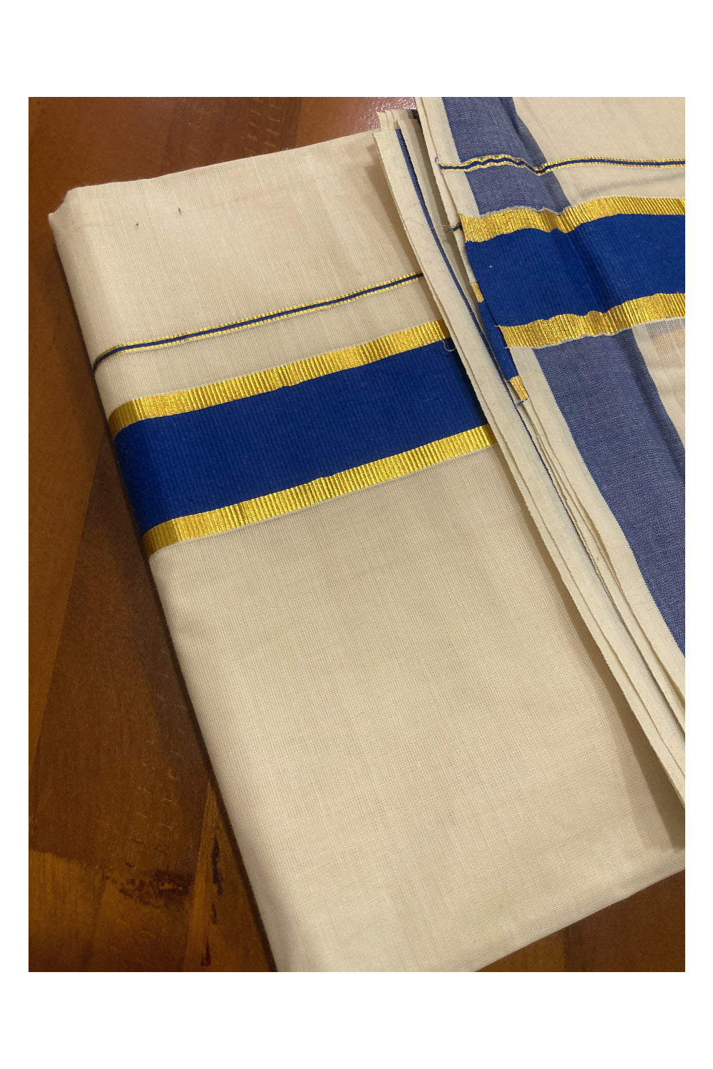 Off White Pure Cotton Double Mundu with Kasavu and Blue Border (South Indian Dhoti)